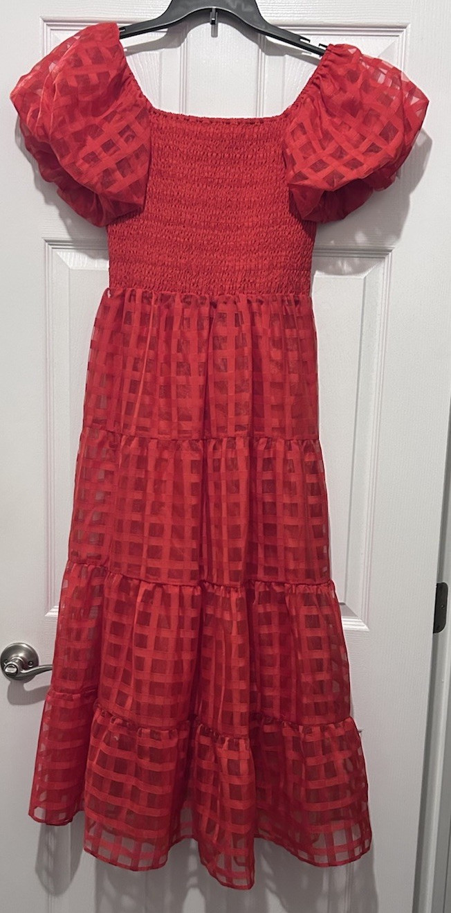 Prettygarden Red Check Smocked Tiered Midi Dress Square Neck Puff Sleeve S