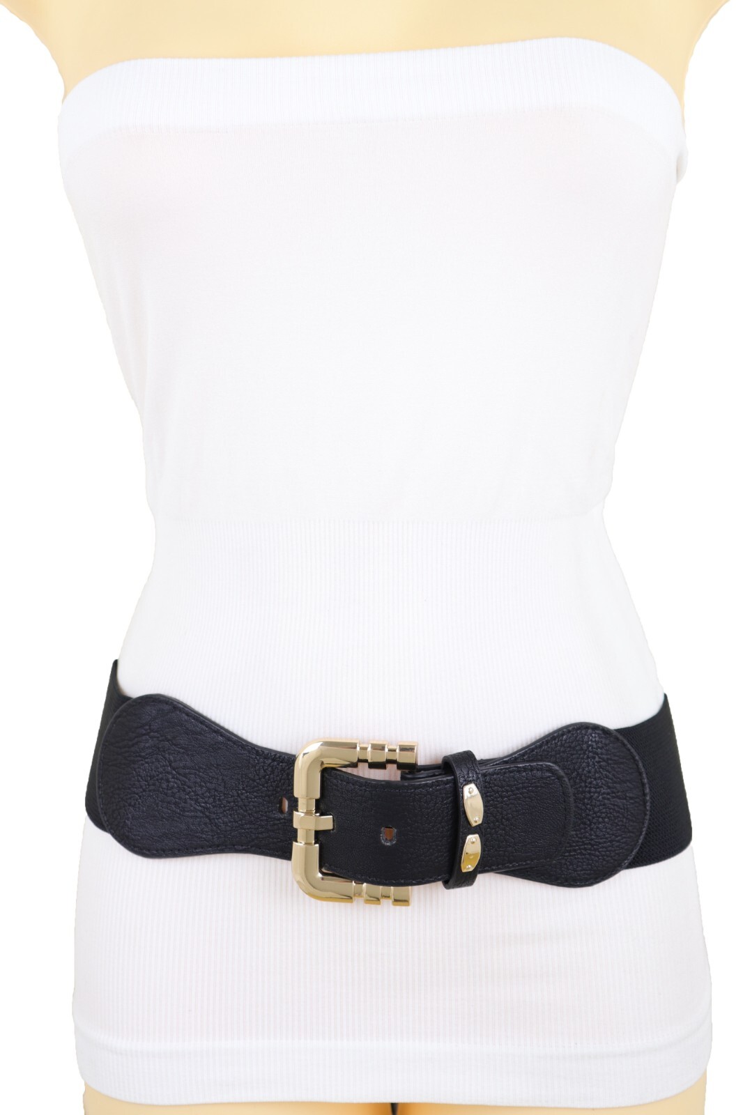 Women Black Elastic Wide Waistband Teens Belt Big Gold Metal Square Buckle S M
