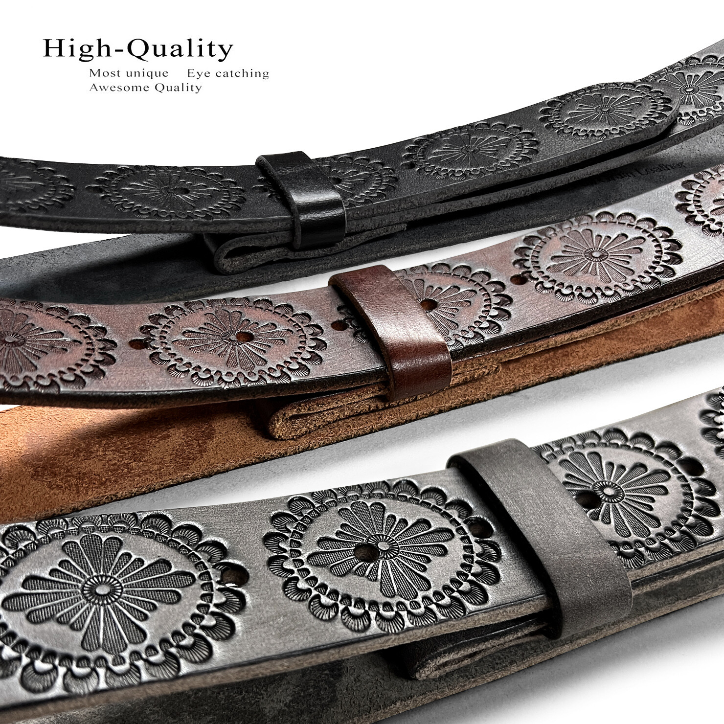 Floral Engraved One Piece Genuine Full Grain Leather Belt Strap 1-1/2″ Wide