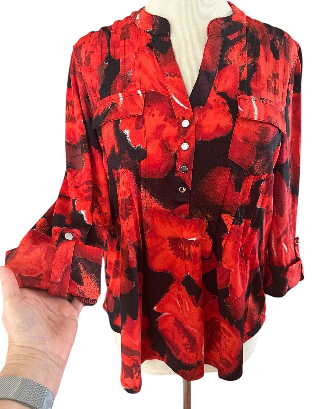 COCOMO XL Orange Red Black 3/4 sleeve women’s Pintuck Blouse Tunic shirt