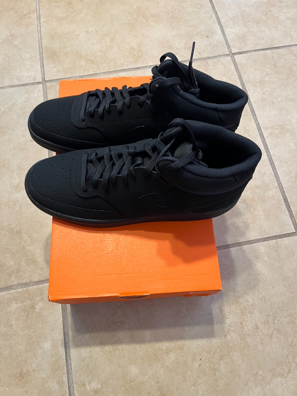 NIKE Court Vision Mid Sneakers Mens 13 Triple Black Leather CU6620 001 NEW