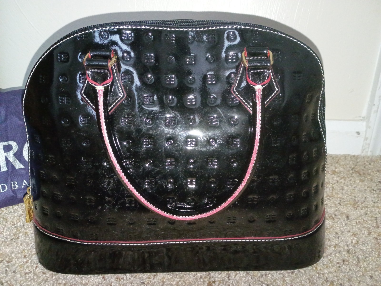 Arcadia Black Patent Pink Trim Zip Top Handle Satchel, Made in Italy, Dust Bag