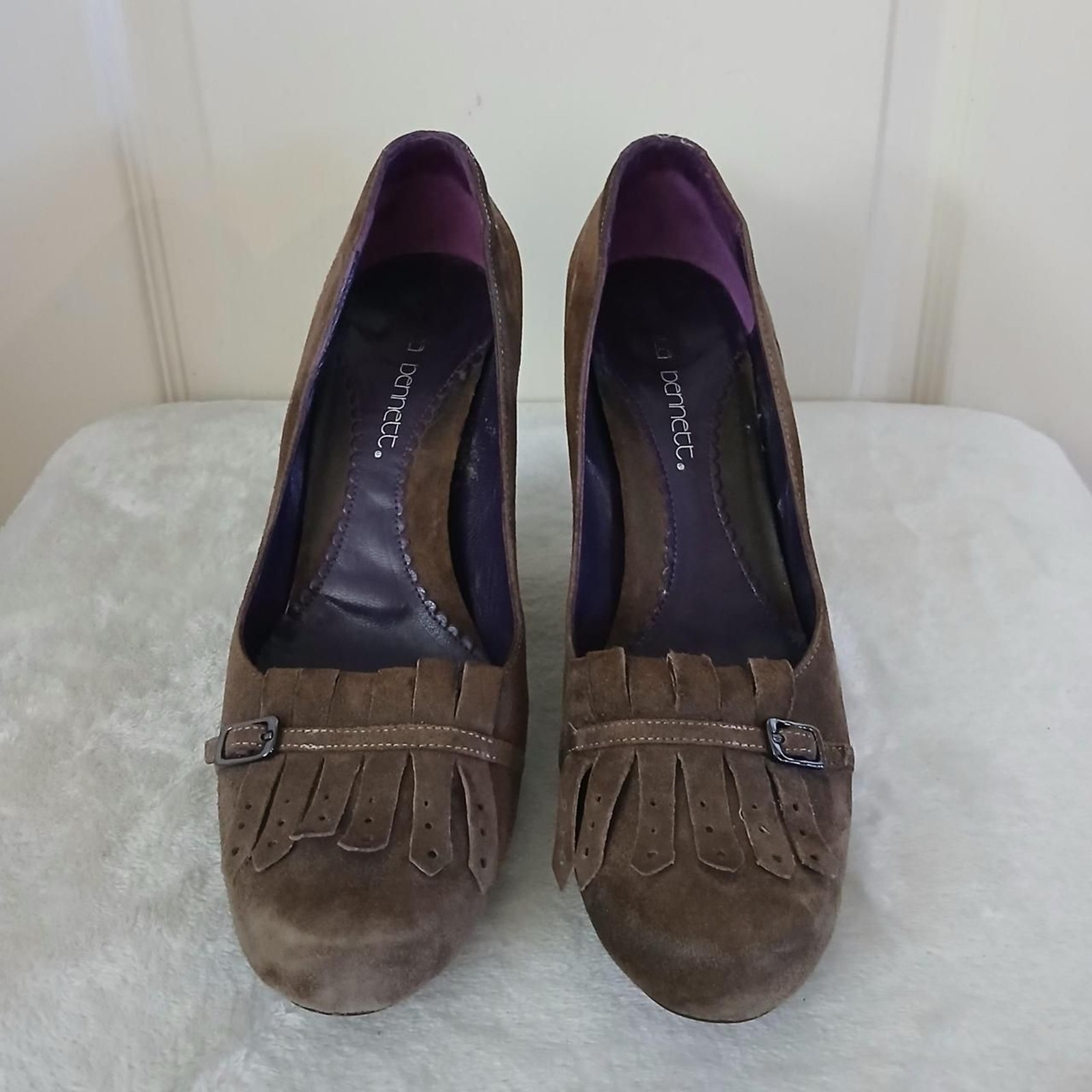Y2K Style Jessica Bennett Brown Suede Fringe Buckle Wedge Heels Round Toe 9.5