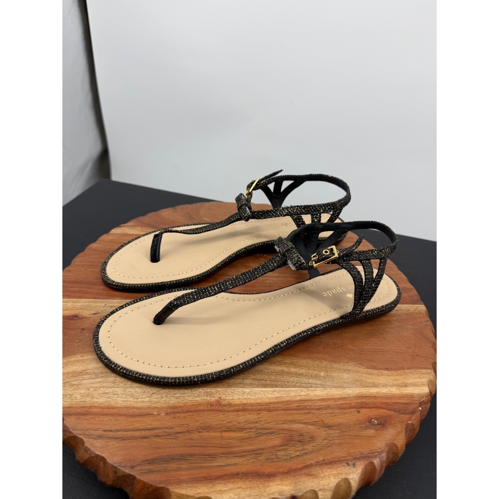 Kate Spade New York T-Strap Sandals Women 10M Black Gold Metallic Bow Flat