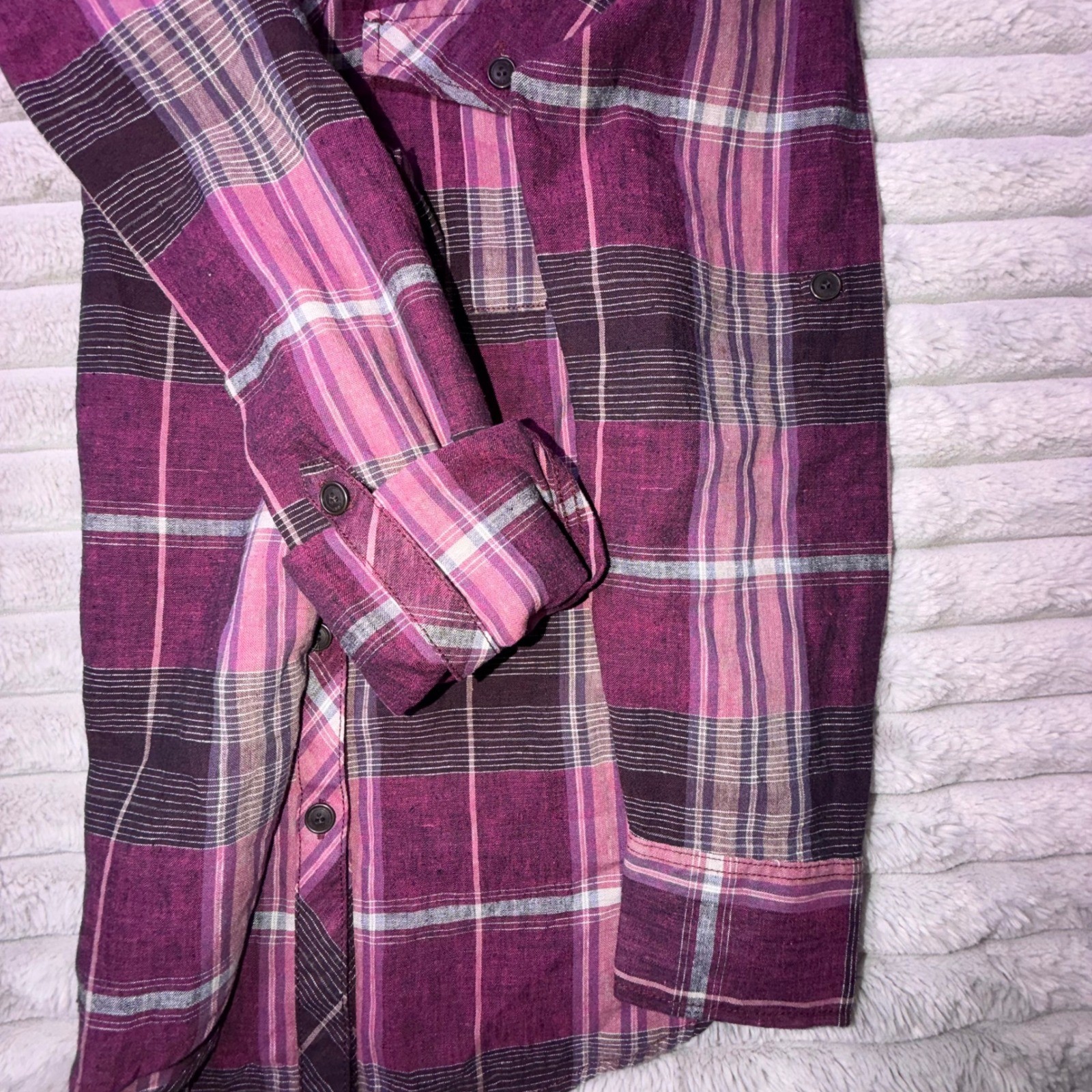 Harley-Davidson Womens Small Purple Plaid Linen Blend Roll Tab Button Down Shirt