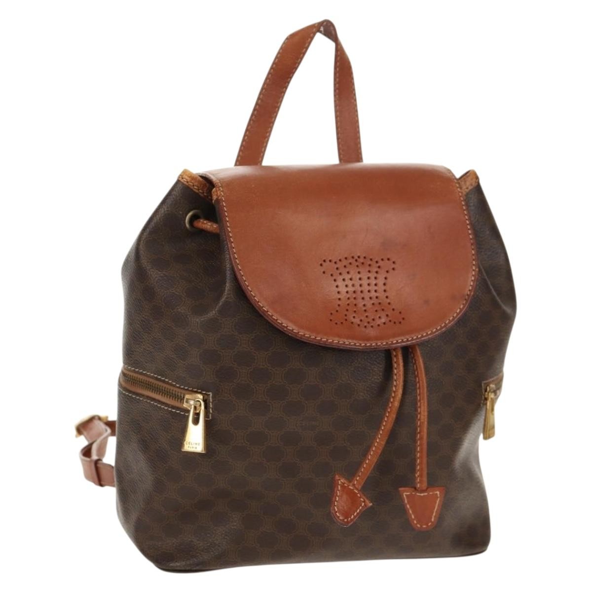 CELINE Macadam Canvas Backpack PVC Leather Brown Gold Auth 156449
