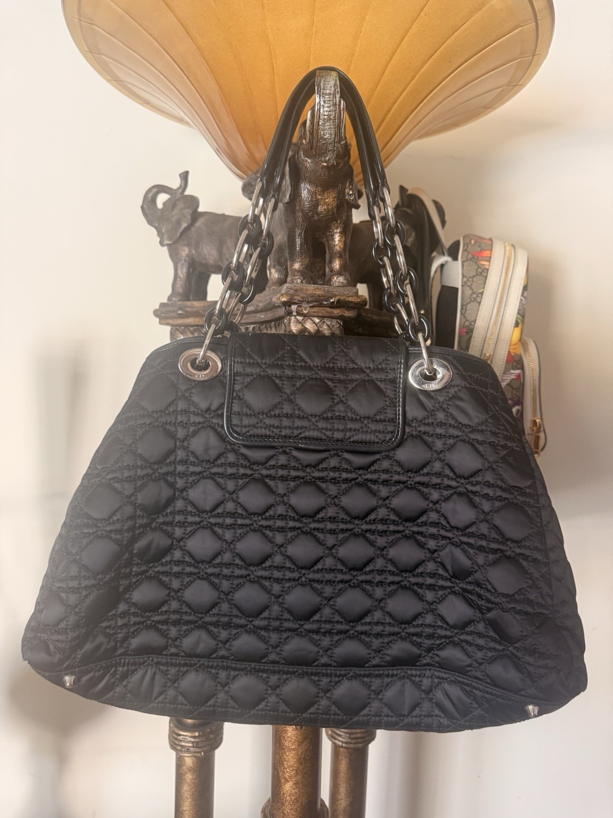Christian Dior Black Quilted Shoulder Bag Turn Lock Zip Silver Hardware Medium