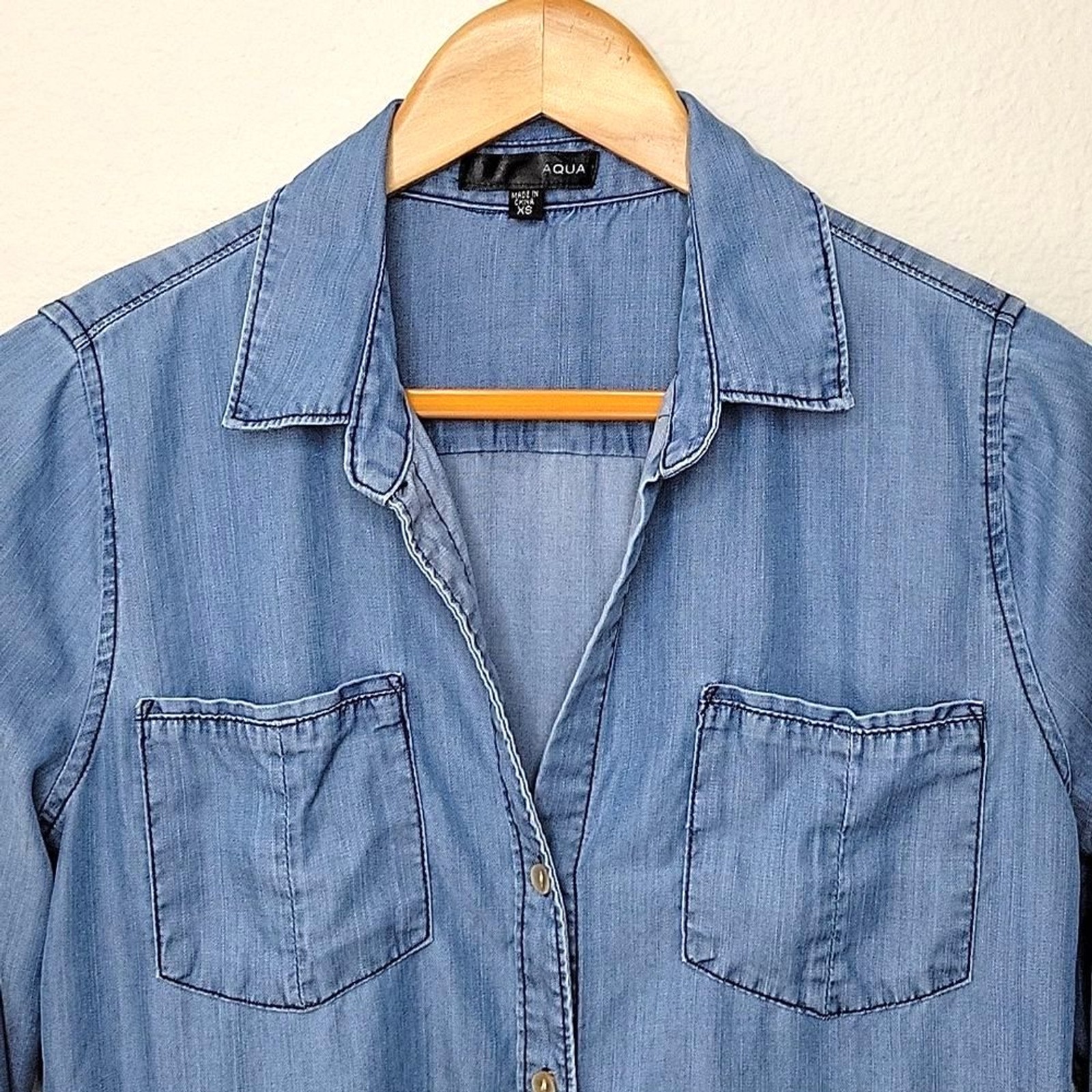 AQUA Bloomingdale’s Blue 100% Tencel Long Sleeve Collared Tunic Shirt size XS