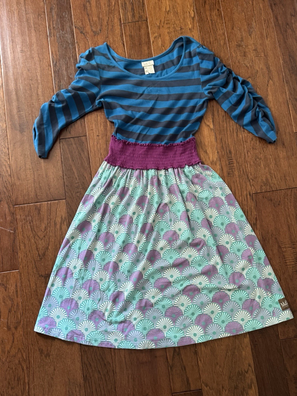 Matilda Jane Girls M Fit & Flare Knit Striped Dress Blue 3/4 Sleeve Knee