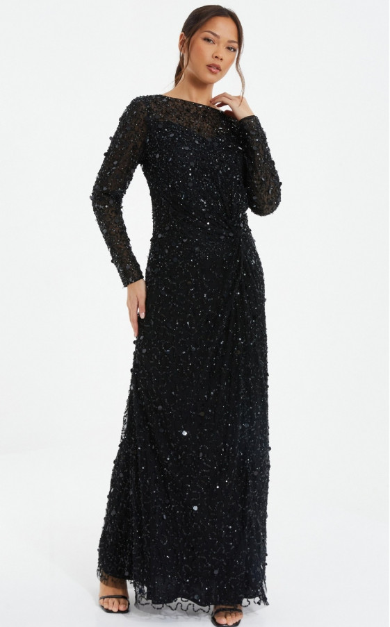 Quiz Embellished Black Sparkle Evening Dress Gown – sz 6 / 10 UK -msrp $350