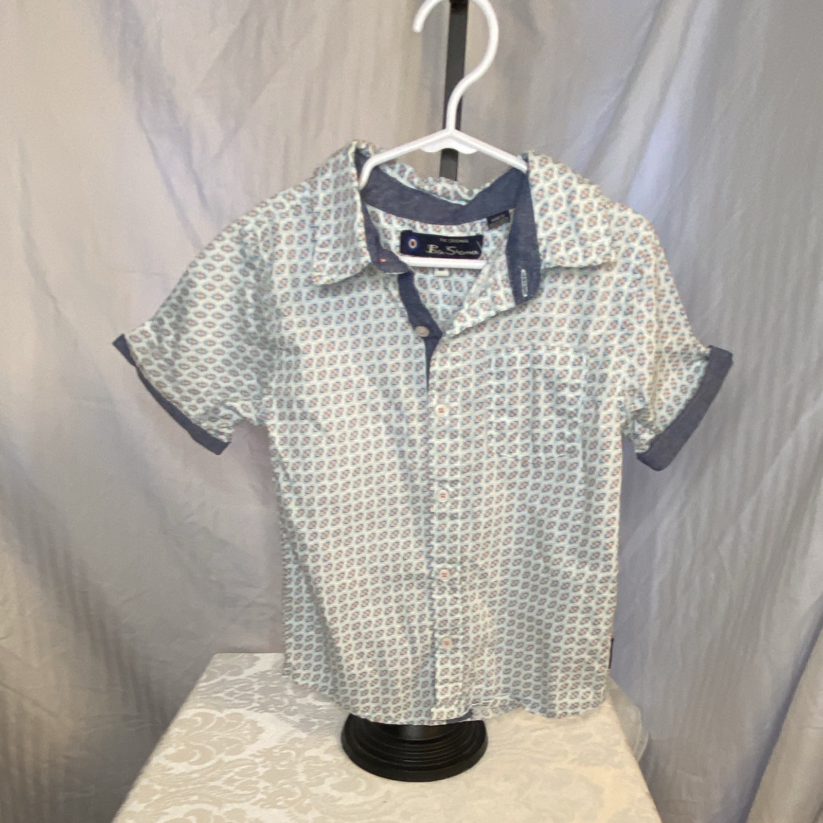 Ben Sherman Boys 4T Short Sleeve Collared Woven Button-Up Geometric Blue Orange