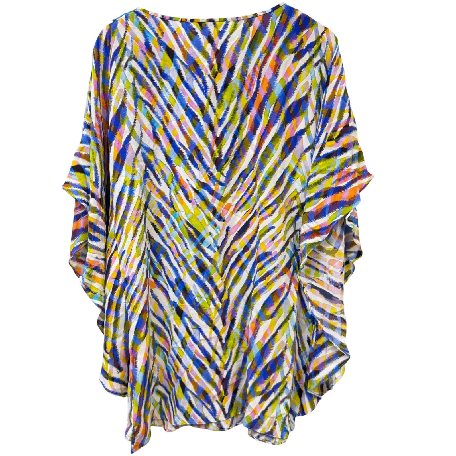 Trina Turk 100% Silk Caftan Top 4 Batwing Multicolor Crochet Trim Boho Resort
