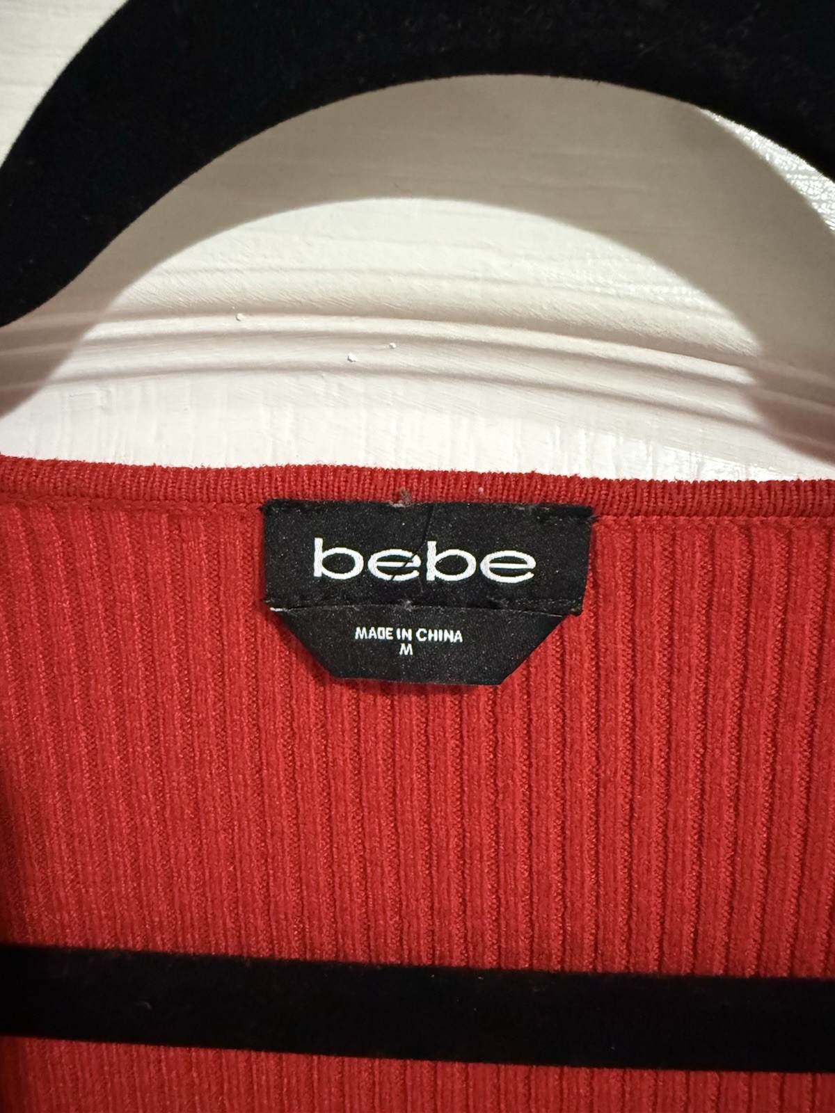 BEBE Red Asymmetric Side LOGO Faux Wrap Ribbed Knit V Neck Sweater Size Small