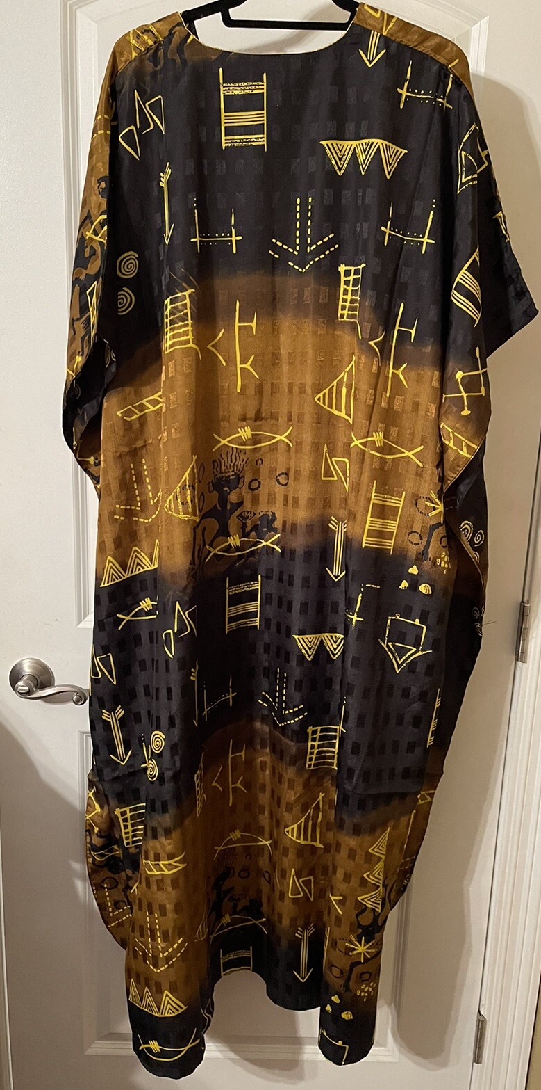 AS RHO Black Brown Yellow Shiny Floral Jacquard Kaftan Mumu Caftan Dress One Sz