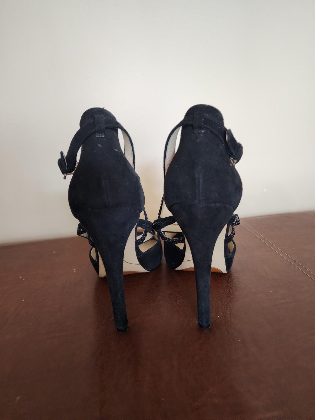 Nine West Black Suede Strappy Peep Toe Ankle Strap Rhinestone Buckle 9M