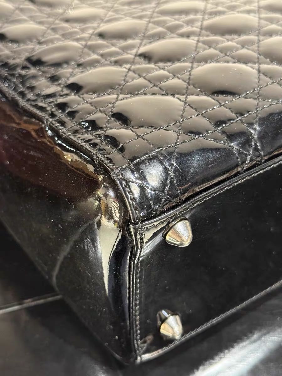 Authentic Christian Dior Black Patent Leather Lady Dior Bag