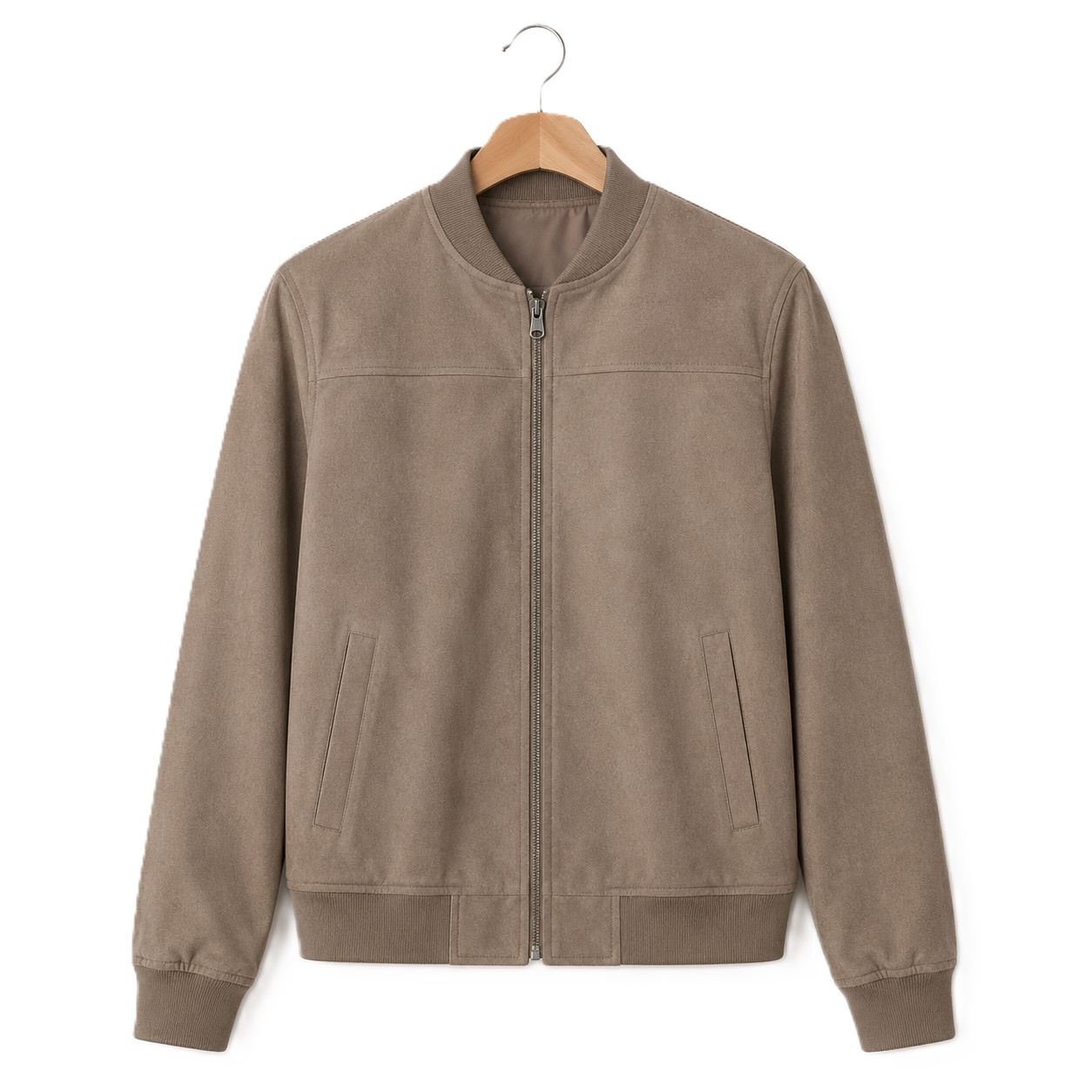 Men’s Taupe Suede Bomber Jacket Varsity Style Soft Zip Up Coat XS-5XL