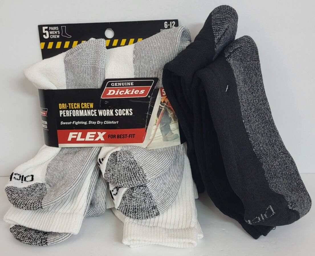 Dickies 6 Pack Dri-Tech Crew Performance Work Sock ~4 White & 2 Black~ Size 6-12