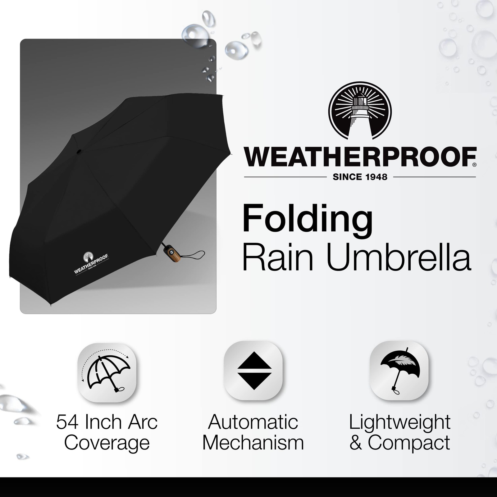 Weatherproof WP-M540-BLACK Automatic Folding Umbrella Full 54 Inch Arc Black