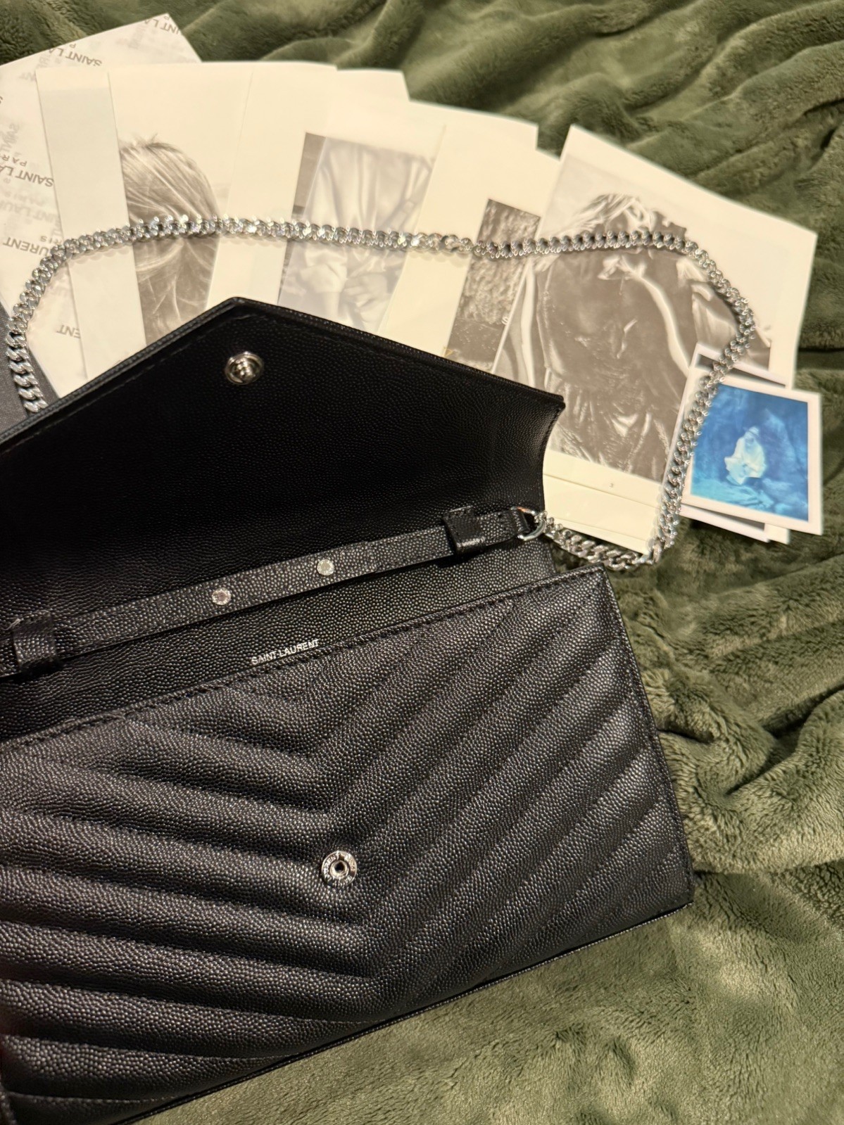 Saint Laurent Large Wallet On Chain Clutch Black Envelope Bag YSL Monogram