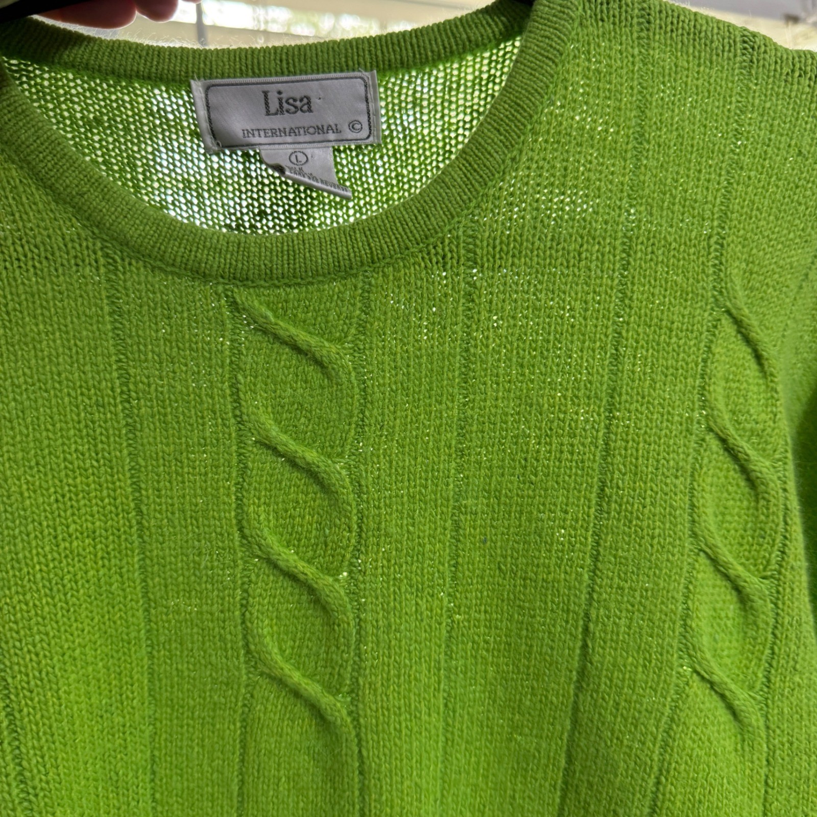 Lisa International Lime Green Silk Angora Cable Knit Sweater Women Large L