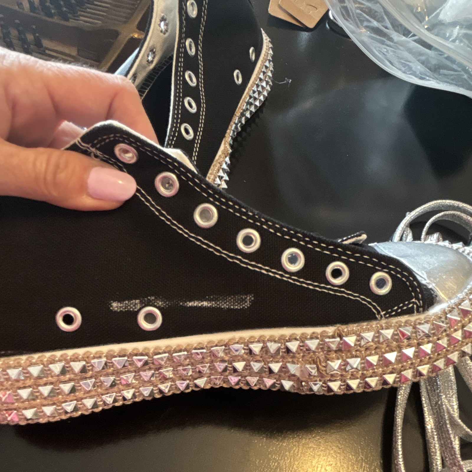 Unisex Black Silver High Top Studded Lace Up Sneakers Casual Athletic