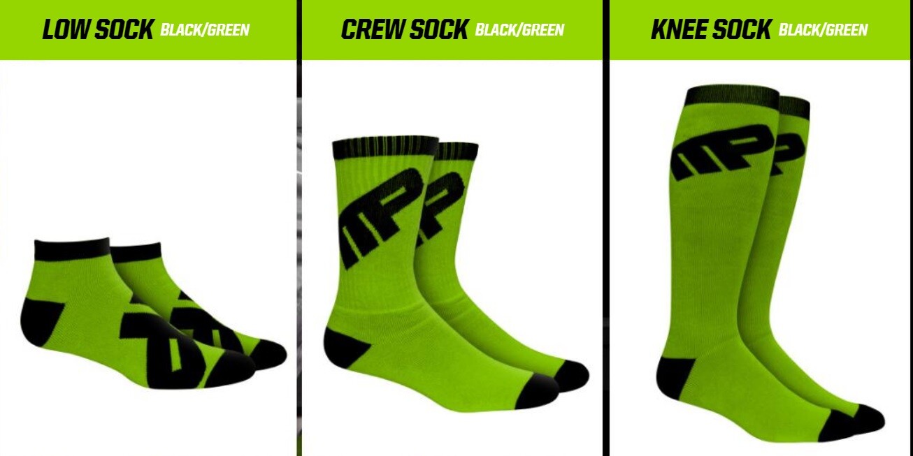 Musclepharm MP Green and Black Socks – Low, Crew, or Knee – Pick Size