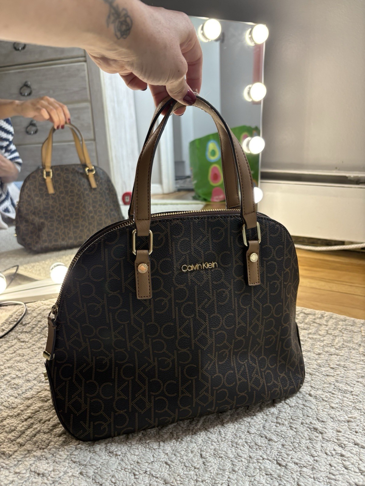 Calvin Klein CK Monogram Zip Satchel Top Handle Brown/Beige