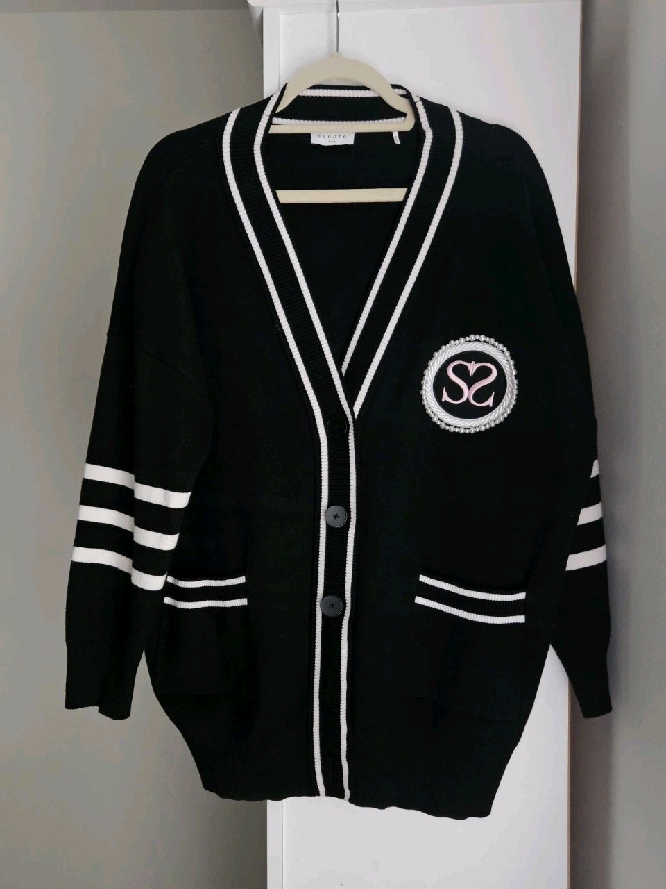 Sandro Paris Black/White Striped Knit Button V-Neck Cardigan Size M