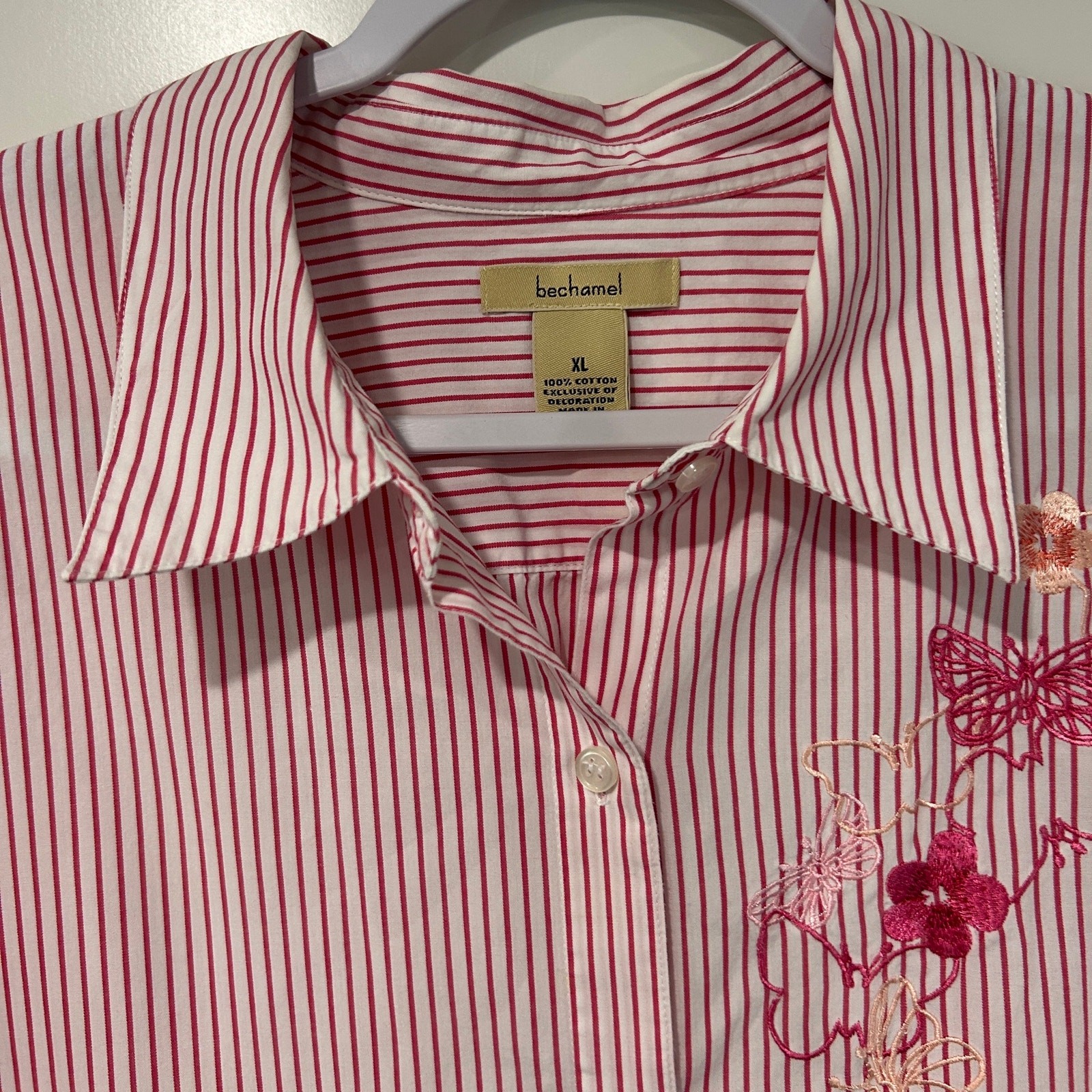 Embroidered Floral Butterfly Stripe Button Shirt Cottage Artsy Pink XL Bechamel