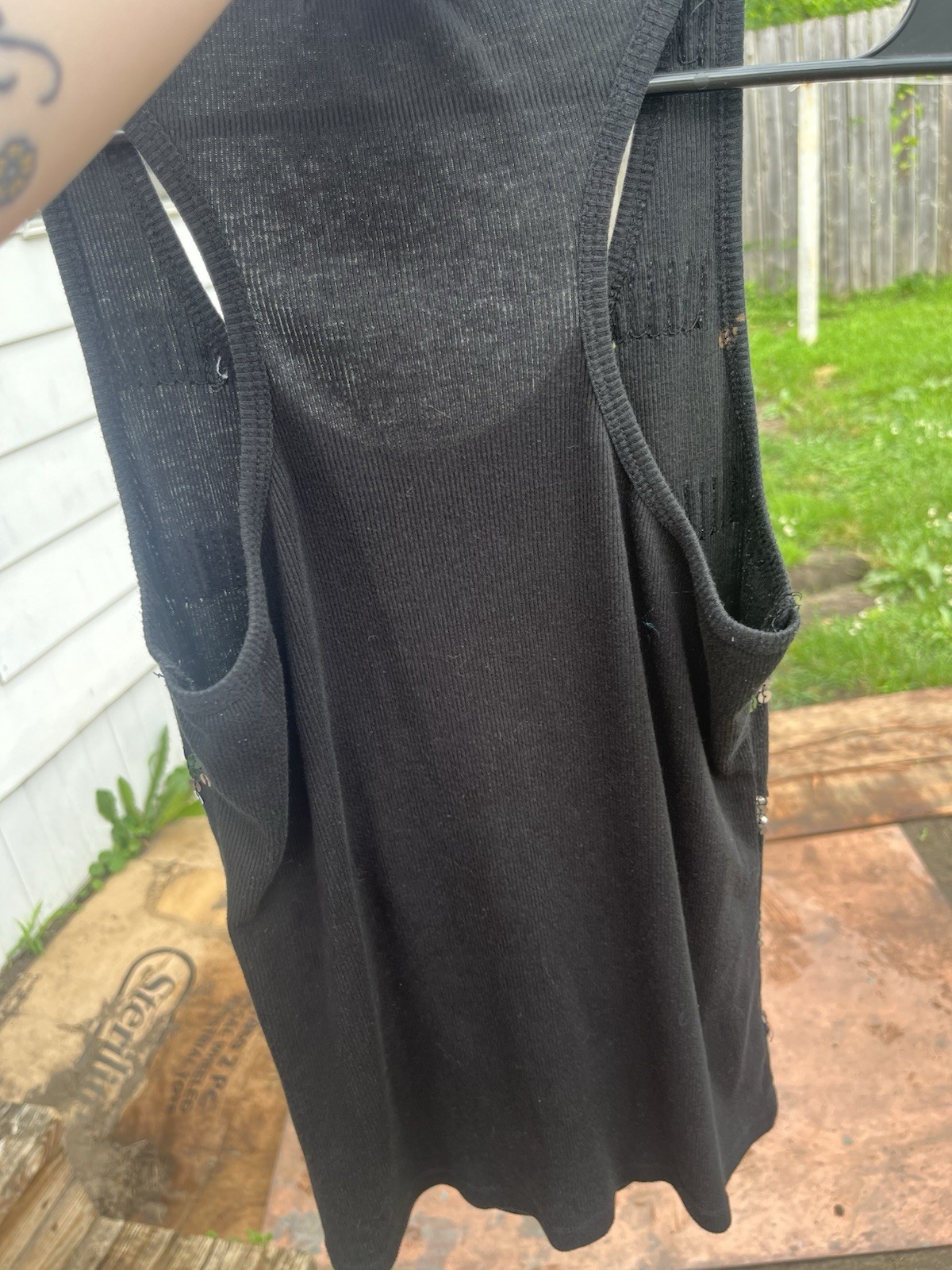 Y2K Black Sequin Stripe Tank Top XL Ribbed Glitter Party Club Going Out