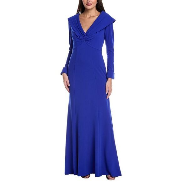 Tadashi Shoji Mystic Blue Crepe Sheath Portrait Collar Gown Size Small $478