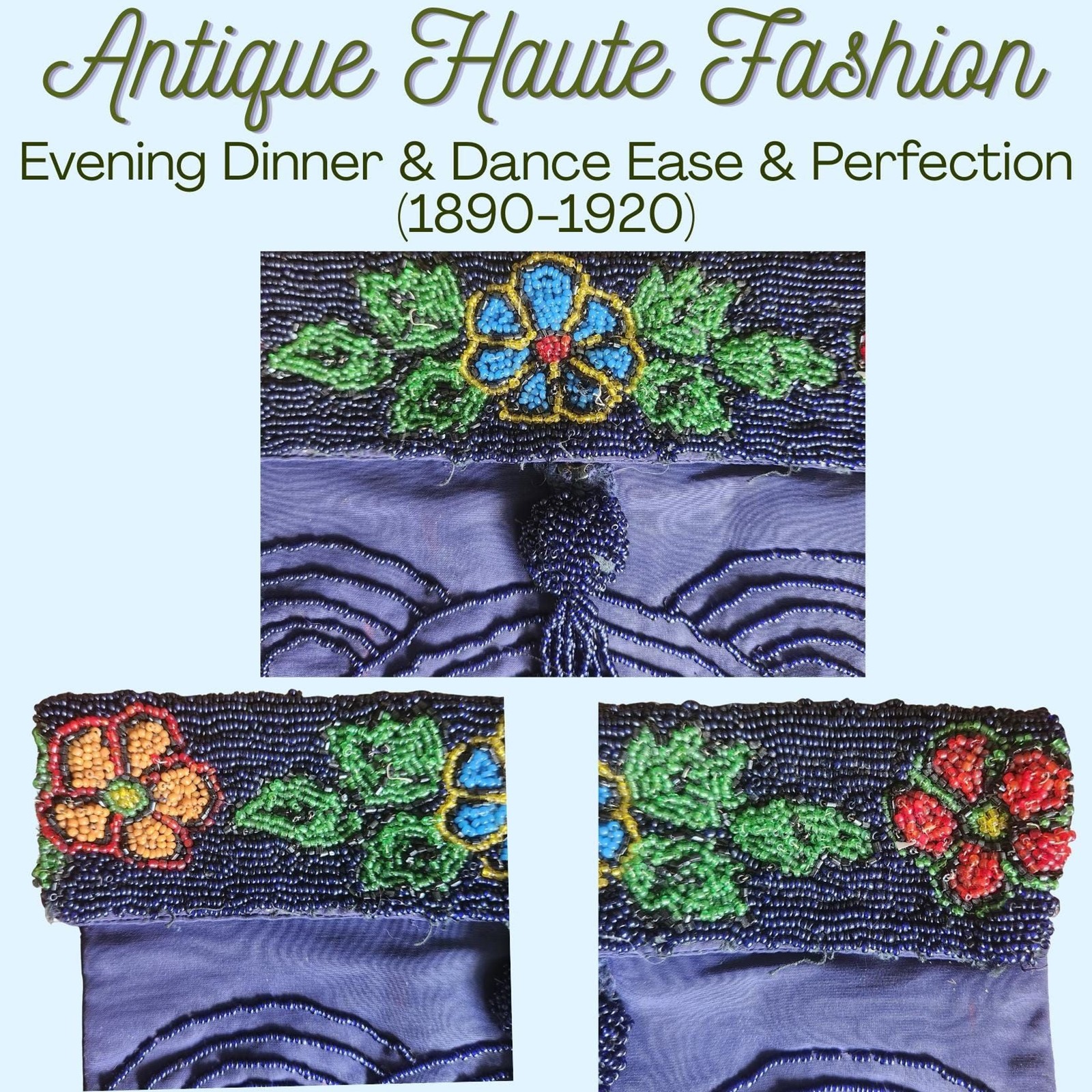 Antique Art Nouveau Microbead Handbag | Colorful Floral Envelope Clutch Purse