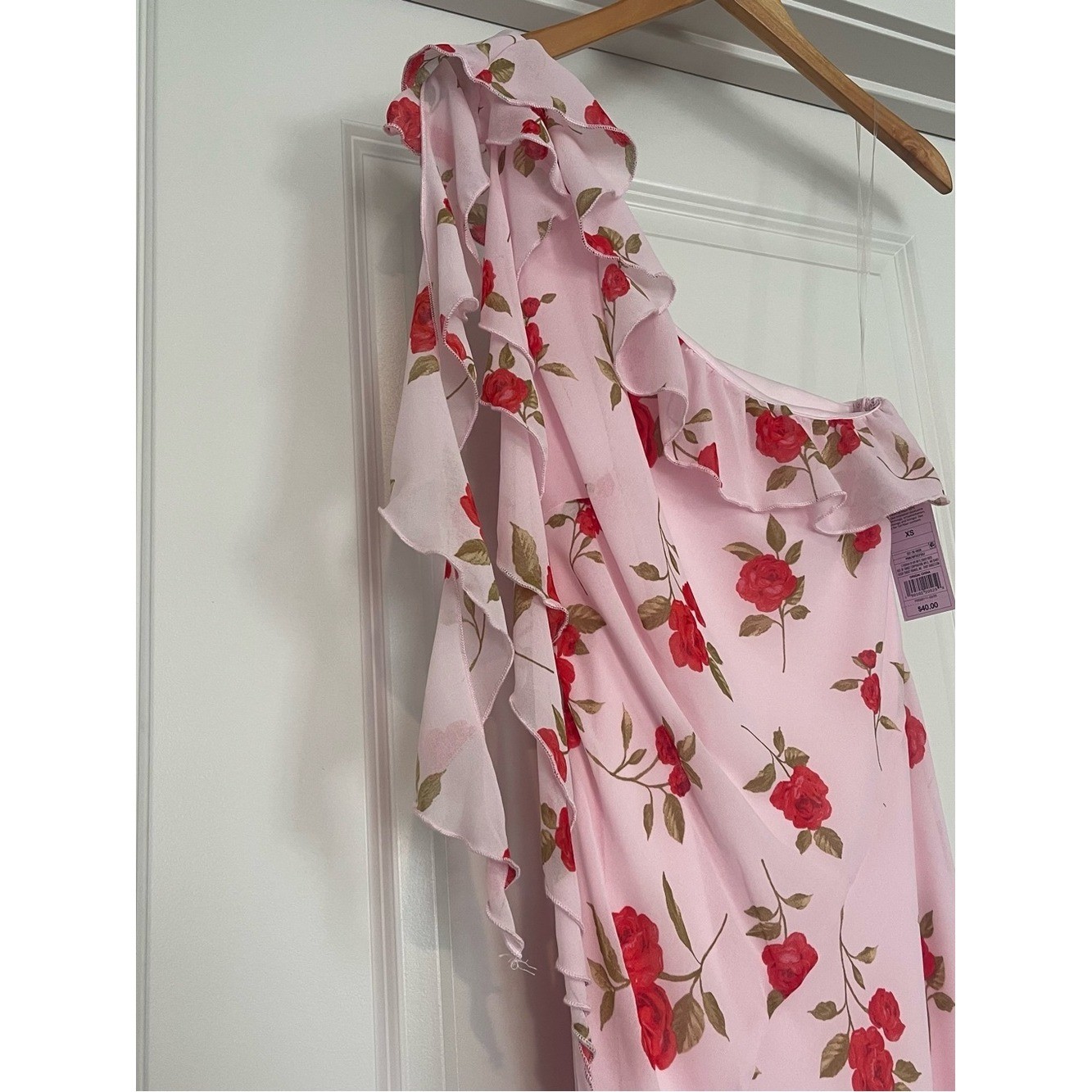 wild fable Pink One-Shoulder Floral Ruffle Maxi Dress with Slit and Zipper NWT