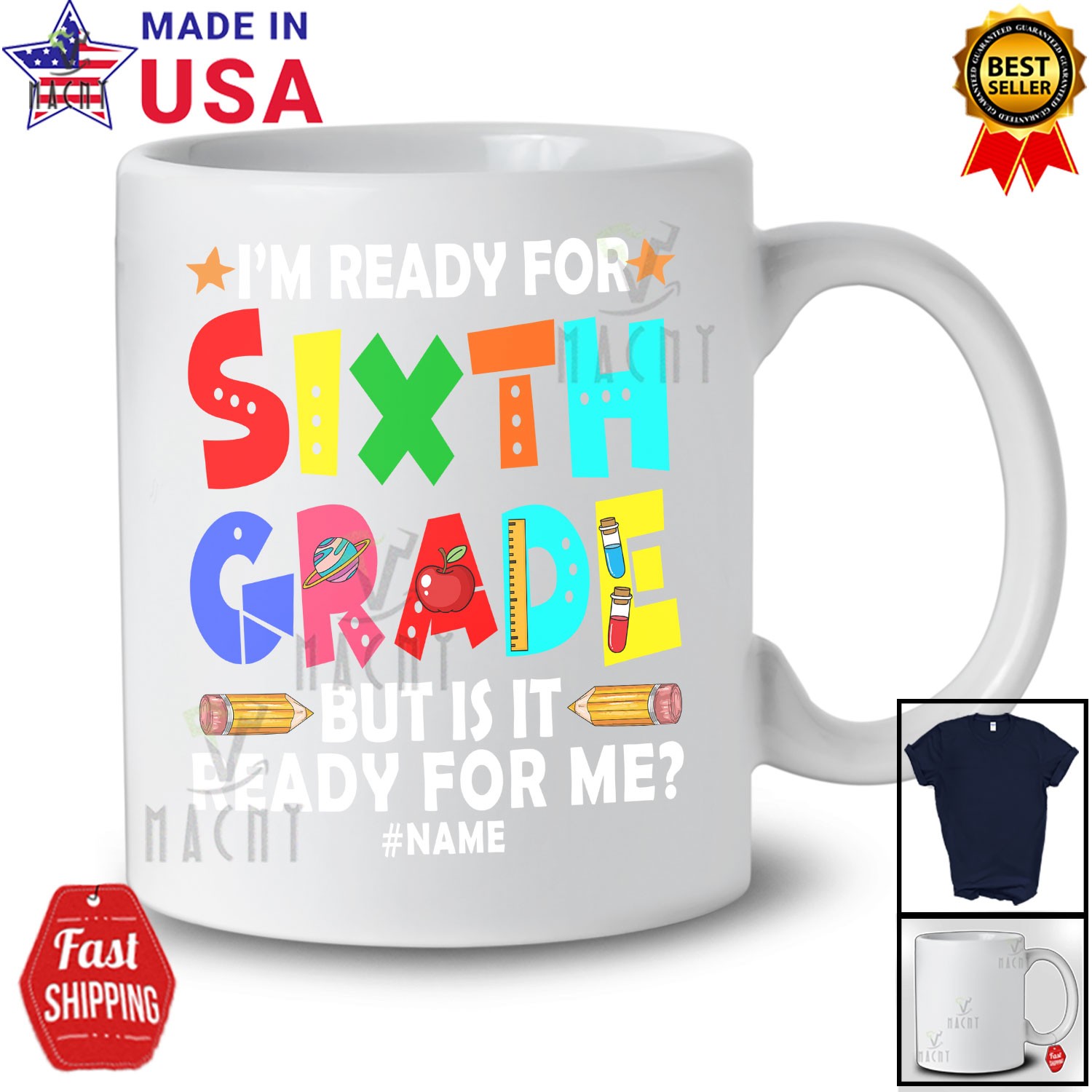 Custom Name Ready For Sixth Grade; Humorous First Day Of School Pencils T-Shirt