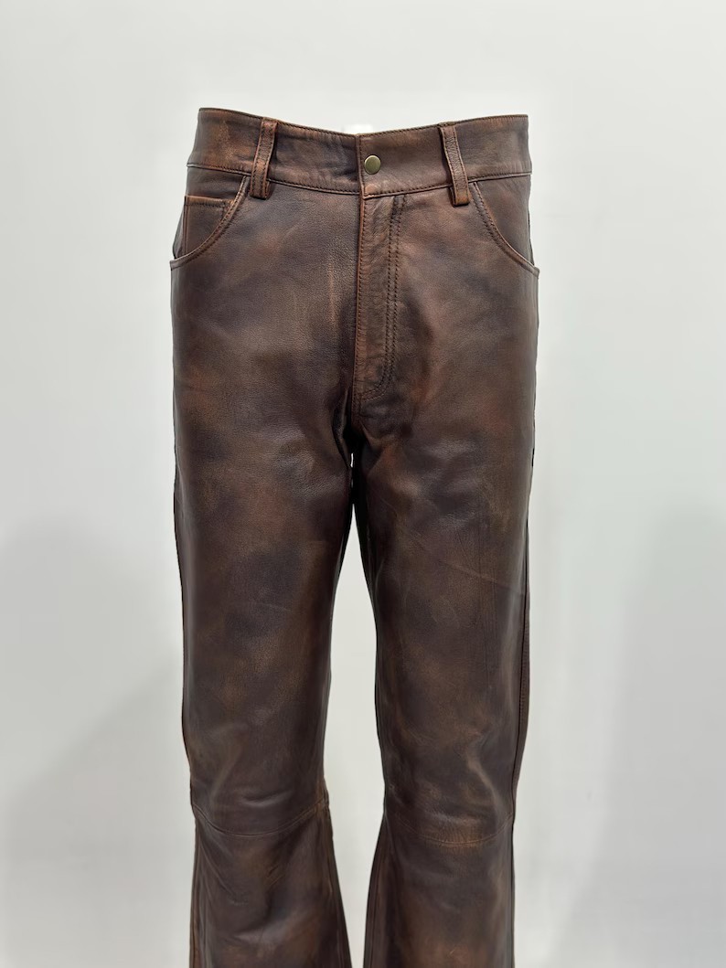 Men’s Brown Distressed Leather Biker Pants Slim Fit Cafe Racer Trousers