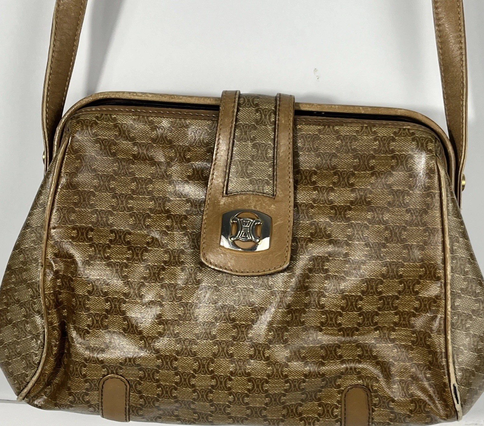 VTG CELINE Paris Macadam Monogram Leather Crossbody Bag Brown Trim