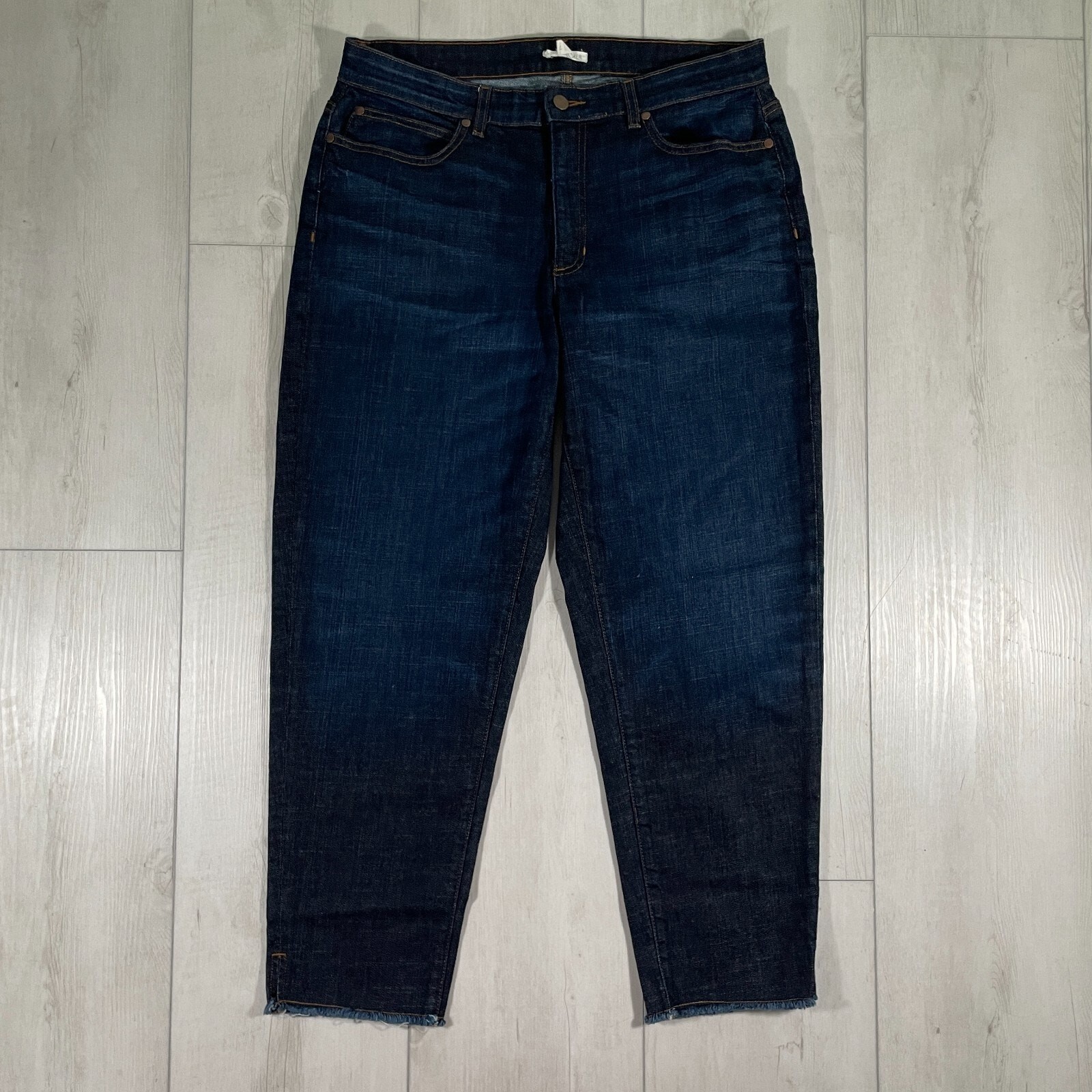 Eileen Fisher Jeans Women 12 Blue Dark Wash Organic Cotton Raw Hem F18BD