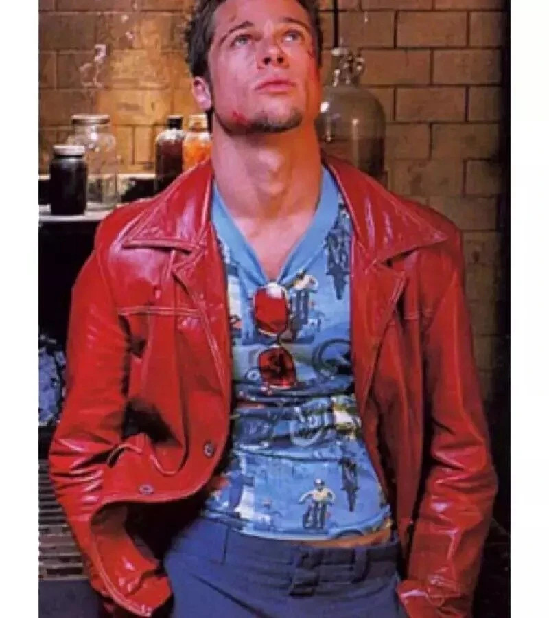 Brad Pitt Fight Club Jacket Red Tyler Durden Movie Costume Real Leather FC Coat