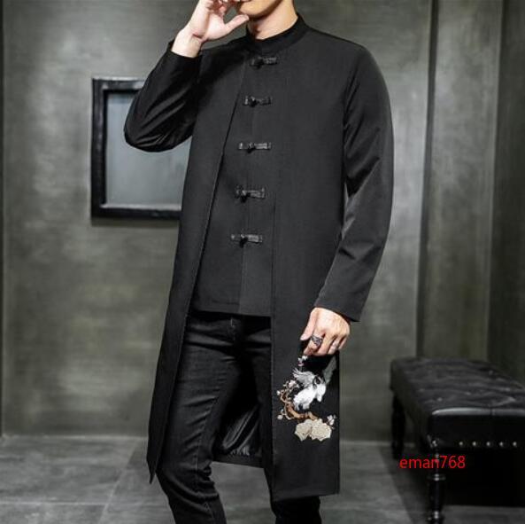 Chinese Style Tang Suit Jacket Mens Mid Long Buttons Slim Embroidery Coats Size