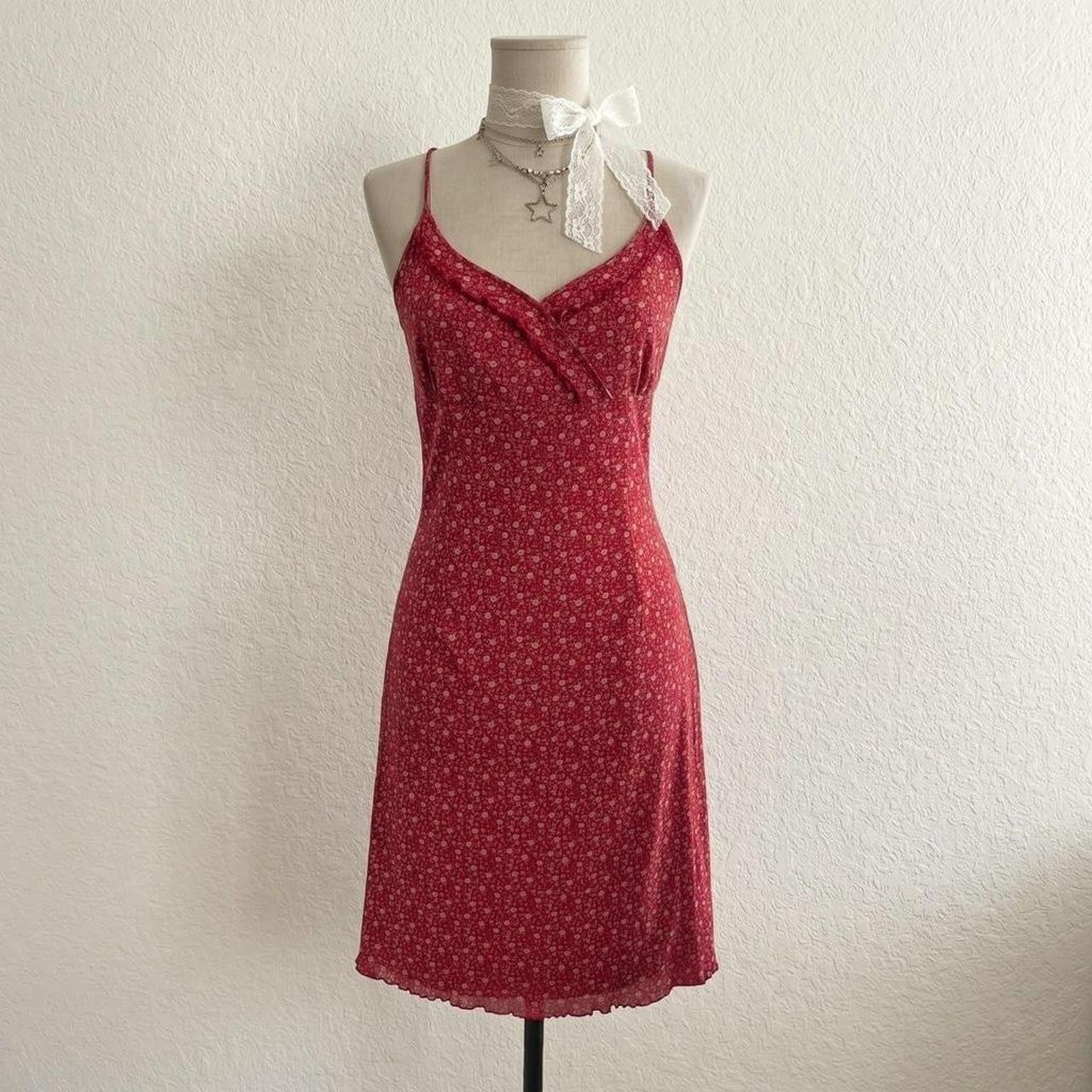Red Floral Midi Dress Mesh Cottagecore Peasant Milkmaid Fairycore Prairie Size M