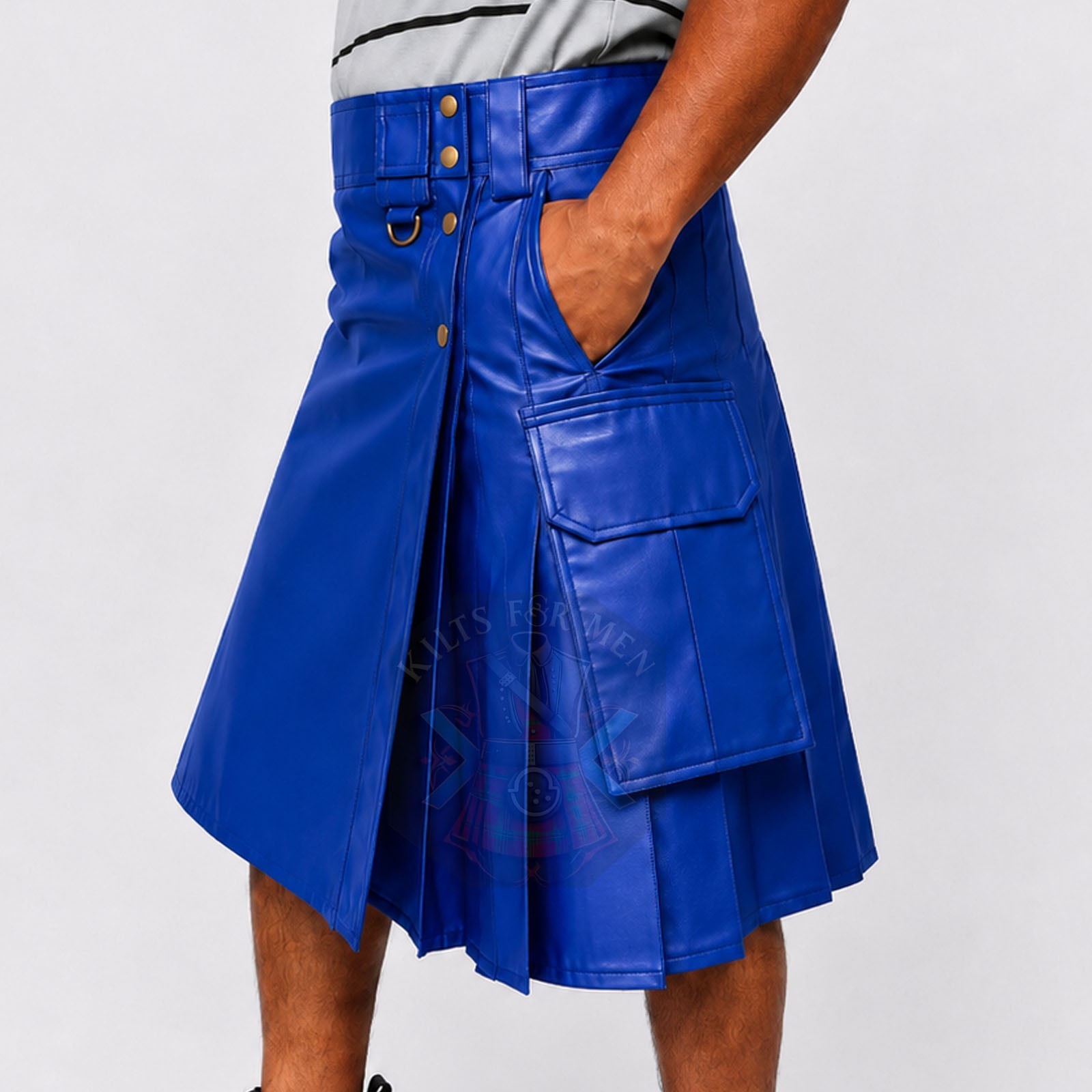 Royal Blue Leather Kilt for Men – Handmade Genuine Cow Leather Utility Cargo