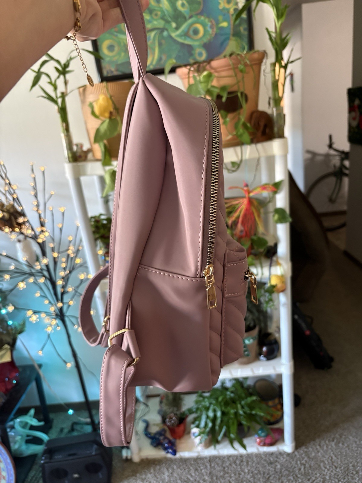 Dust Pink Quilted Backpack Purse Gold Tone Zippers Medium Size Tree Emblem