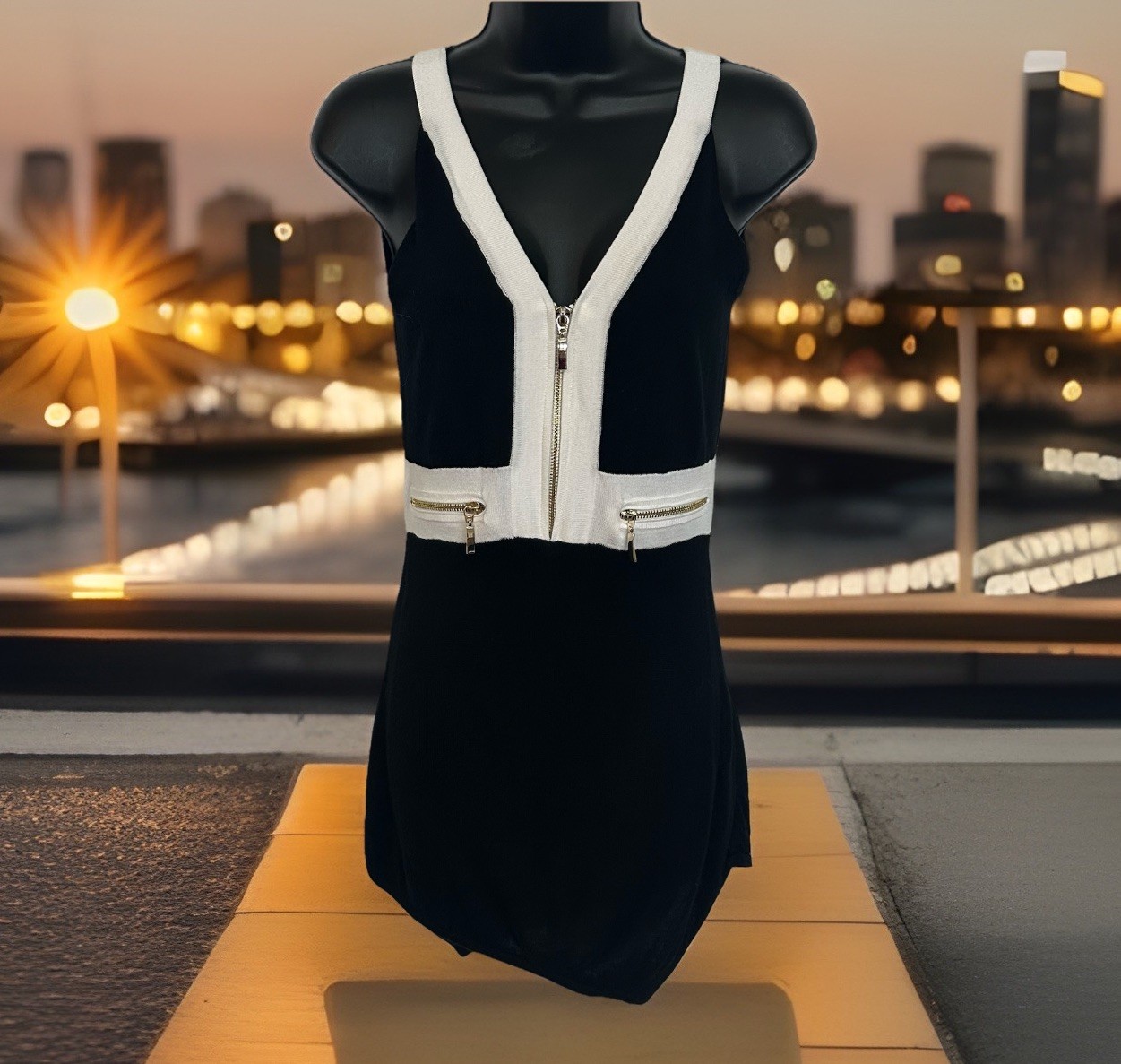 Venus Misses S Sleeveless Mini Sweater Dress Black White Pullover Knit Chic