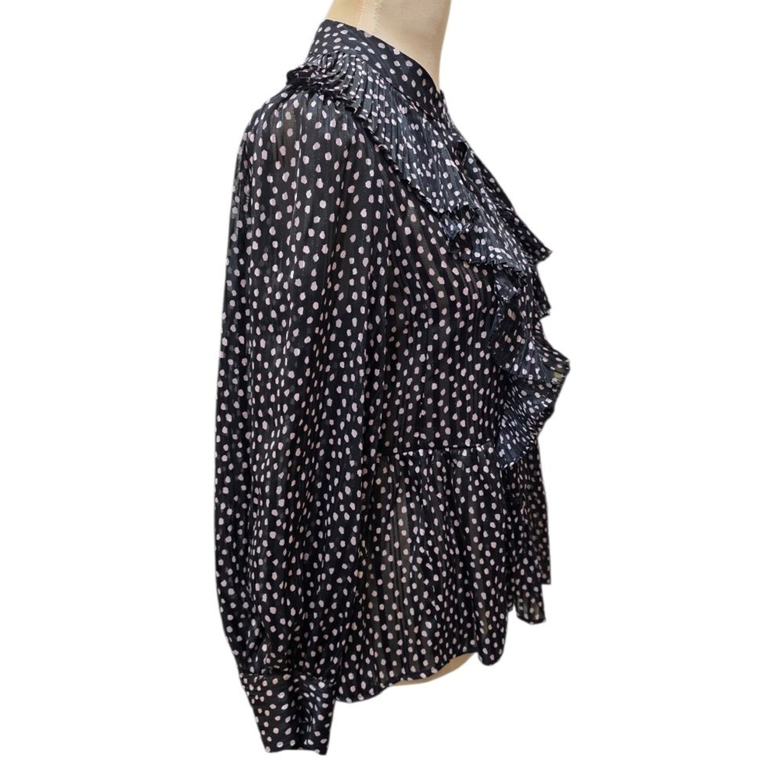 MNG Mango Black & White Polka Dot Sheer Ruffle Top Blouse Size 4