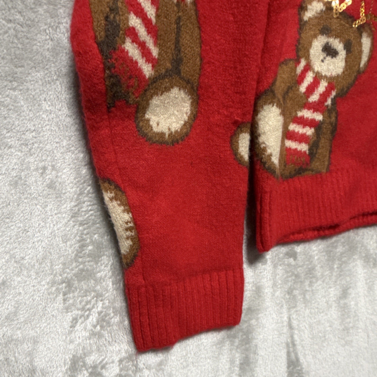 33 Degrees Red Knit Teddy Bear Sequin Pullover Sweater Acrylic Women’s Size S