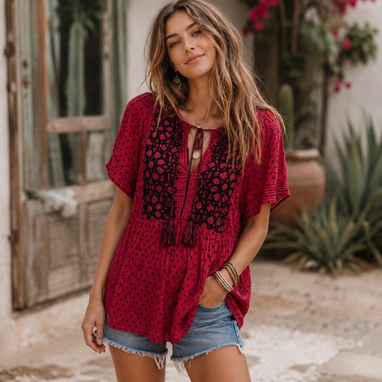 Knox Rose Embroidered Peasant Top Womens Medium Hot Pink & Black Boho Babydoll