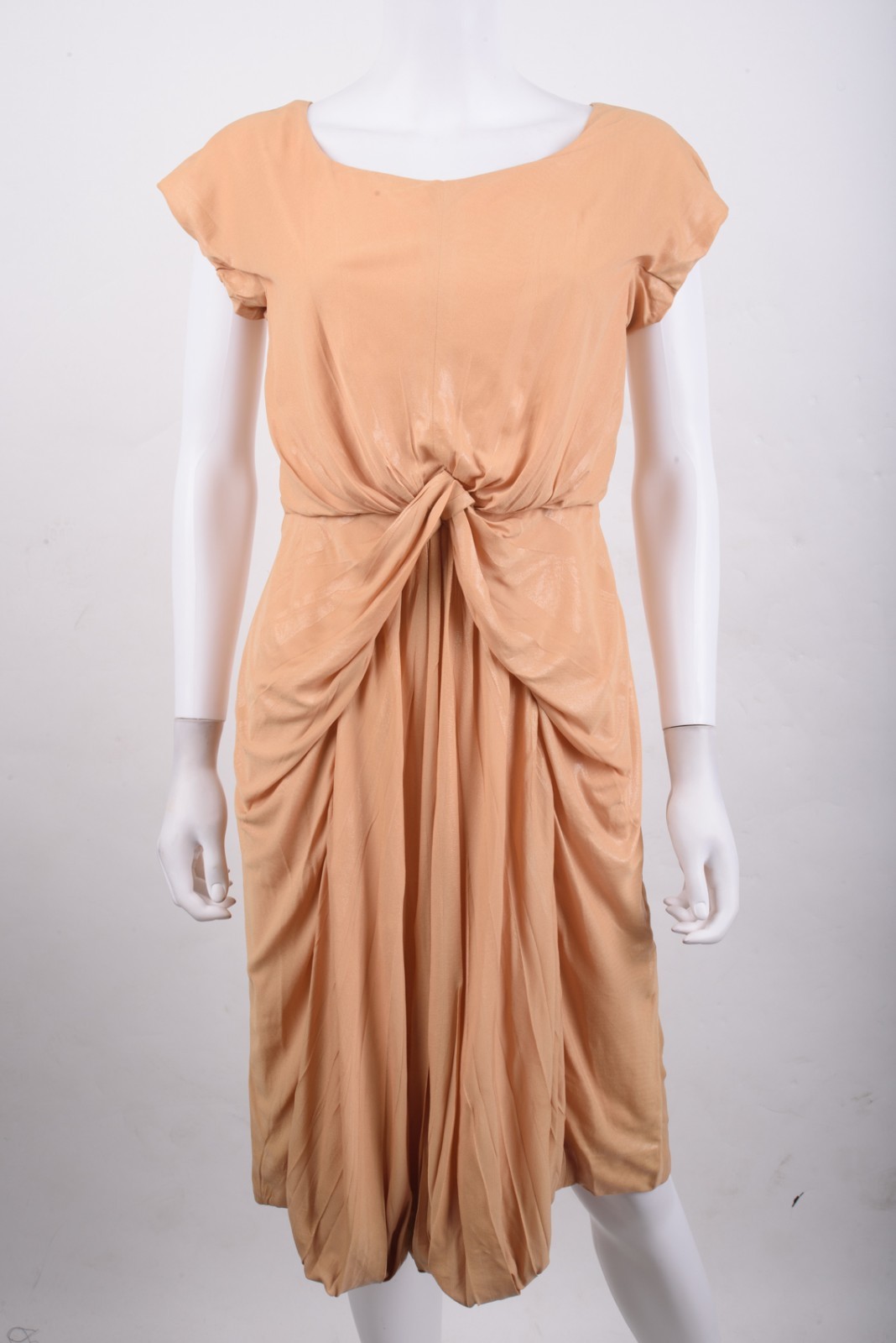 Vintage Alberta Ferretti Womans Dress IT 40 US 4 Tan Gathered Pleats Shimmer