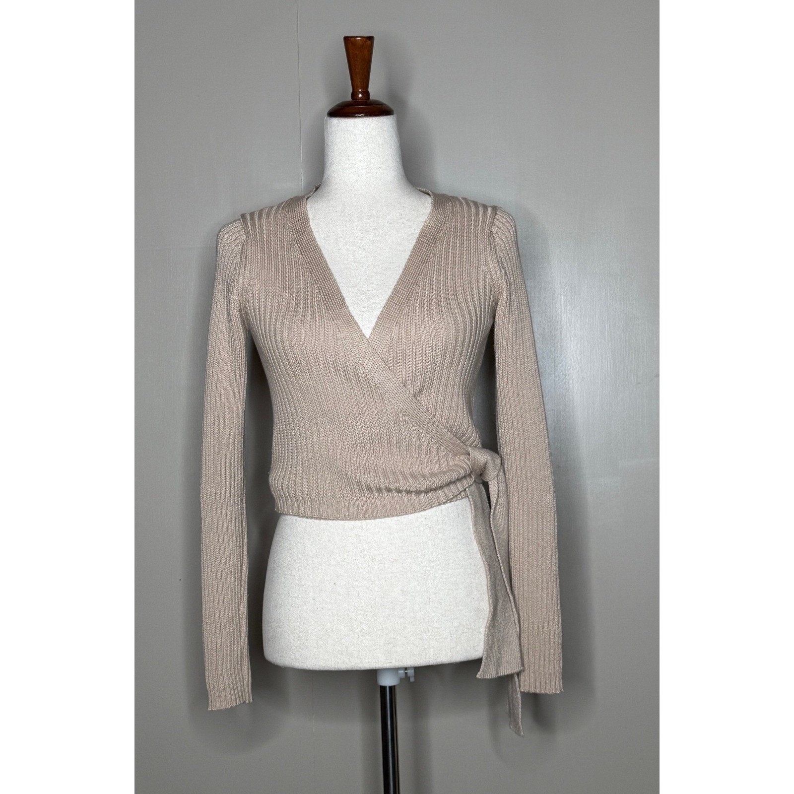 NA-KD Ribbed Knit Wrap Sweater Beige Tie Waist Balletcore Top XS