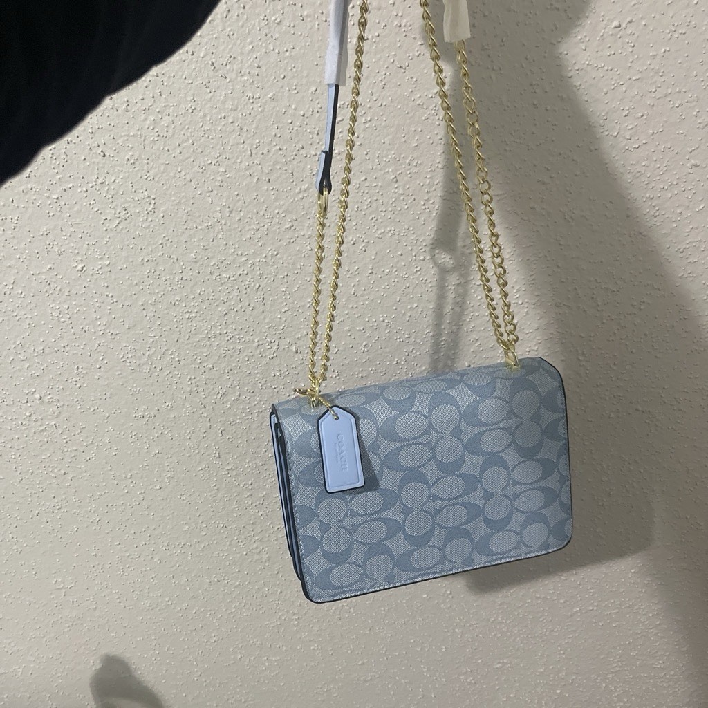 Coach Signature Blue Small Shoulder Bag Snap Gold Chain Strap Lined Charm